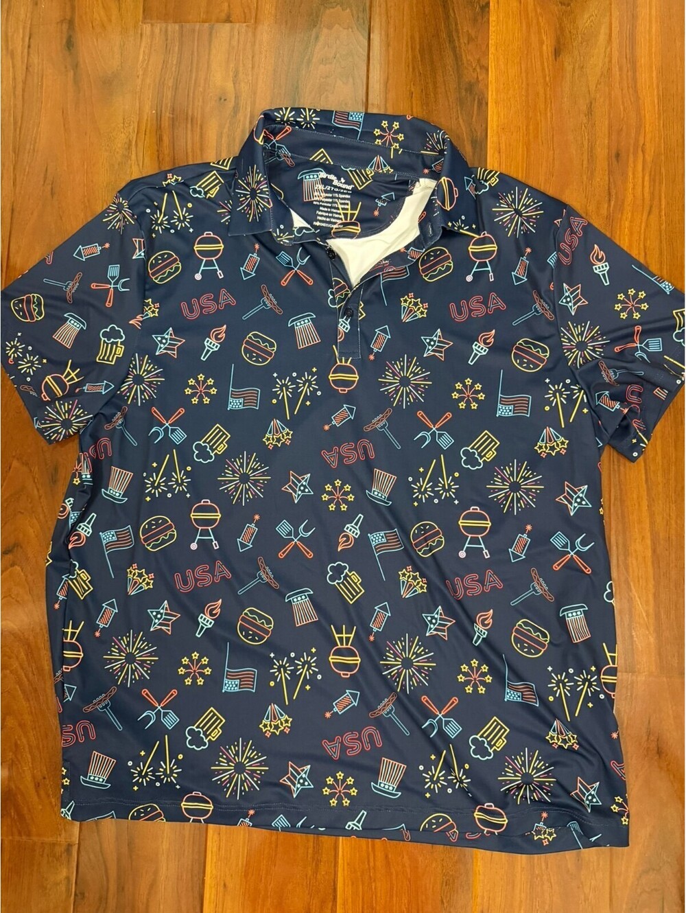 Birdie Bound Mens XXL 2XL Blue USA BBQ Summer Hot Dogs Golf Polo Shirt
